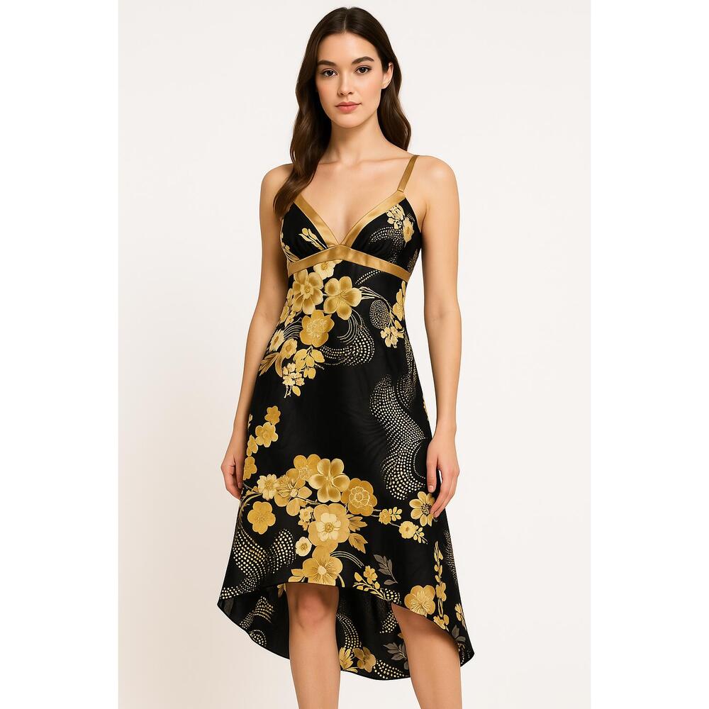 La Belle Black Gold Floral‎ Pattern VNeck Asymmetrical Hem Vintage Slip Dress 13